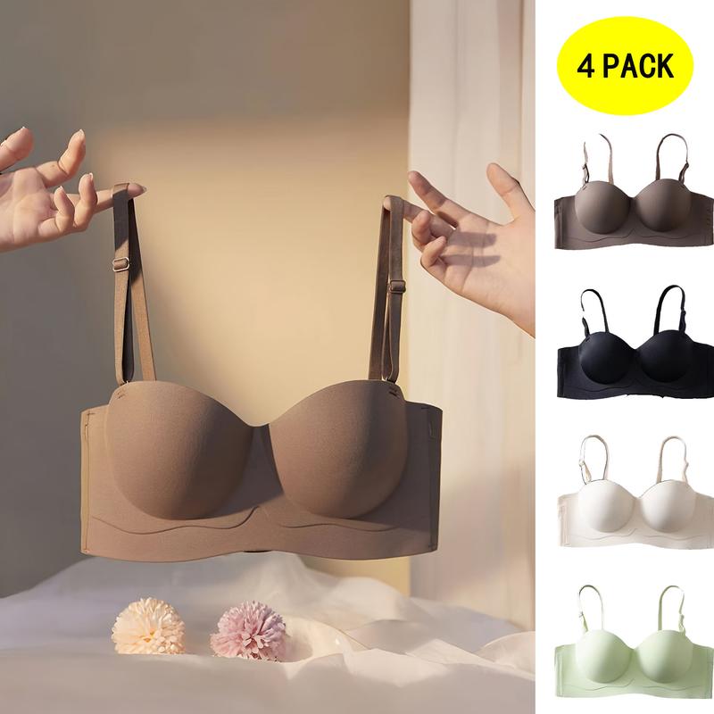 4Pcs Comfy Solid Wireless Push Up Tank Bra, Casual Women's Lingerie & Underwear Set